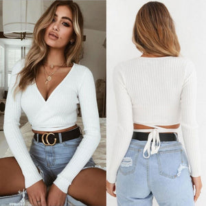 Women Slim Khaki Long Sleeve Sexy Crop Top