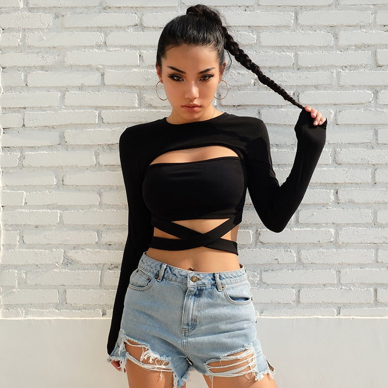 Long Sleeve Hollow Out  Crop Tops