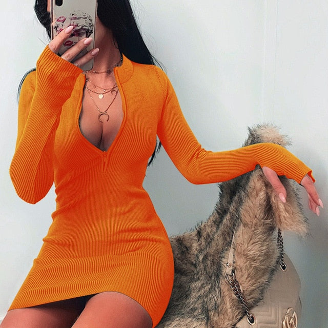 Elegant Long Sleeve Finger Hole Knitting Mini Dress