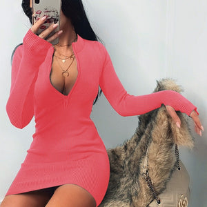 Elegant Long Sleeve Finger Hole Knitting Mini Dress