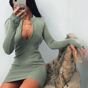 Elegant Long Sleeve Finger Hole Knitting Mini Dress