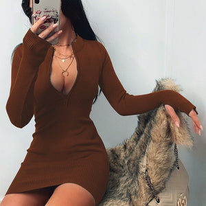 Elegant Long Sleeve Finger Hole Knitting Mini Dress