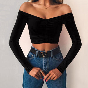 Women T-shirts Sexy V Neck Long Sleeve Off Shoulder