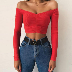 Women T-shirts Sexy V Neck Long Sleeve Off Shoulder