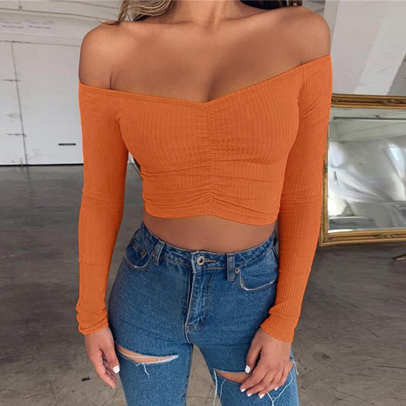 Women T-shirts Sexy V Neck Long Sleeve Off Shoulder