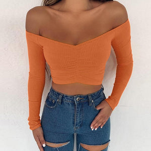 Women T-shirts Sexy V Neck Long Sleeve Off Shoulder