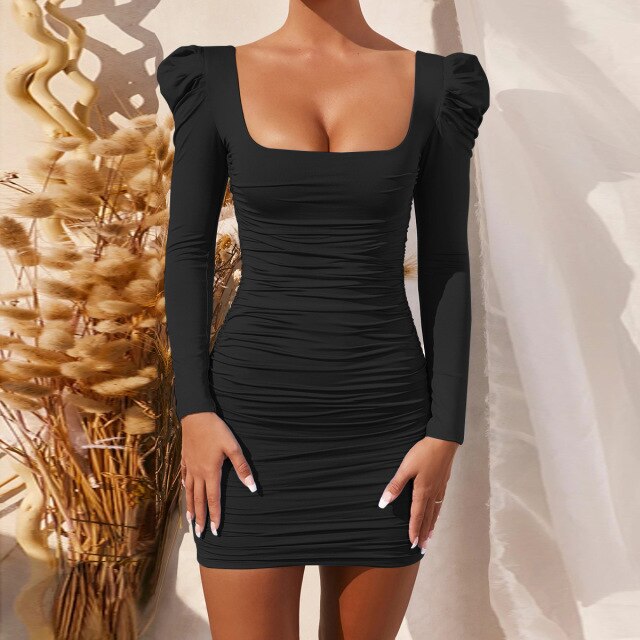 Long Sleeve Square Neck Spring Summer Black Wrap Ruched Bodycon Women Sexy Backless White Elegant Short Mini Party Dresses