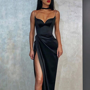 Black Satin Slip Slit Midi Dress